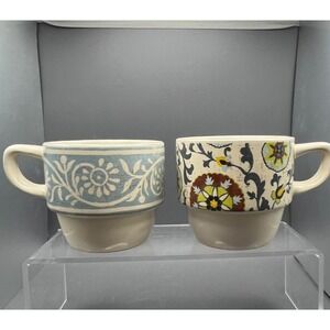Pier 1 Imports Stoneware Mugs Cappuccino Cups Stackable BOHO Colorful SET OF TWO